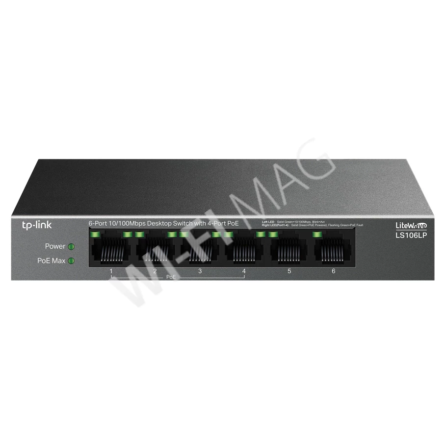 TP-Link LS106LP, LiteWave 6-портовый 10/100 Мбит/с (4 PoE) неуправляемый коммутатор