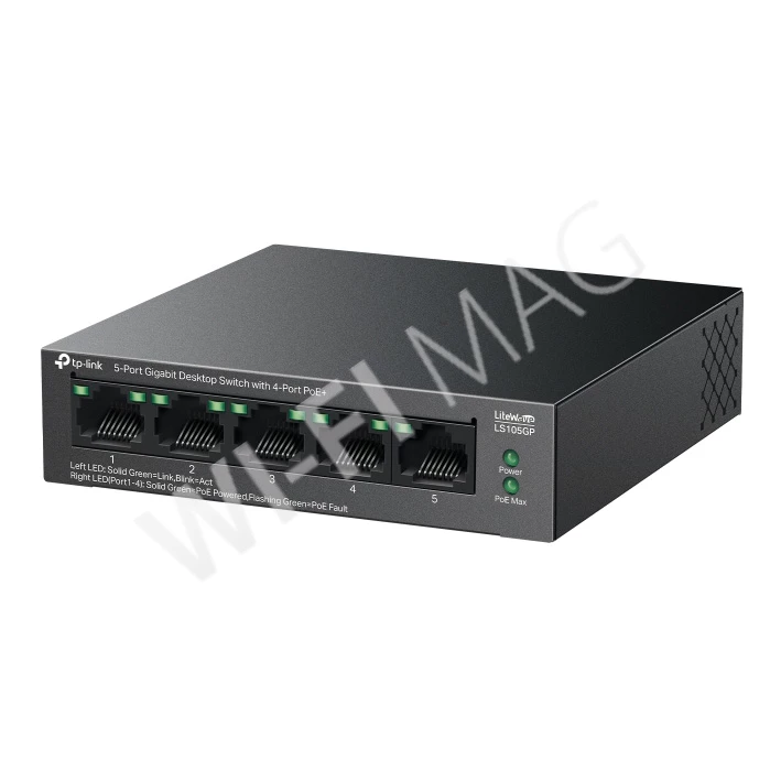 TP-Link LS105GP, LiteWave 5-портовый 1 Гбит/с (4 PoE+) неуправляемый коммутатор