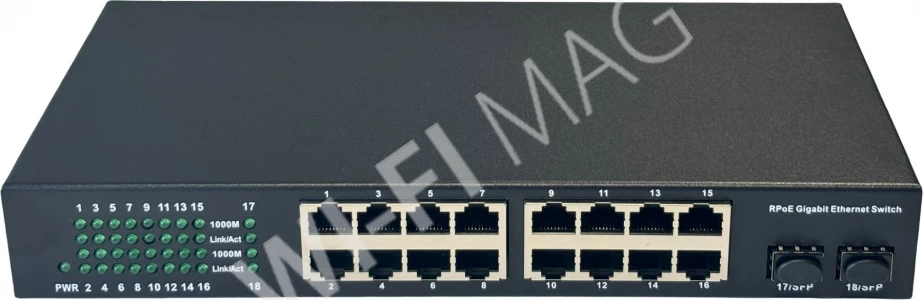 Conexpro GPOE-REVS-16, неуправляемый коммутатор с 16 PoE (1 Гбит/с) портами и 2-мя портами SFP