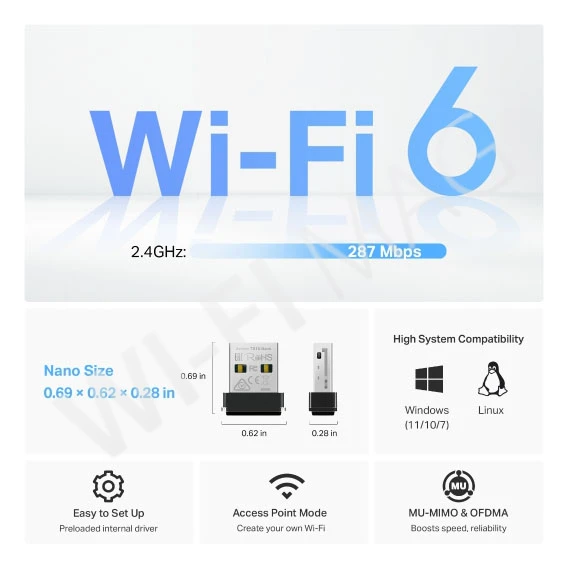 TP-Link Archer TX1U Nano AX300,  беспроводной Wi-Fi 6 USB‑адаптер 2,4 ГГц