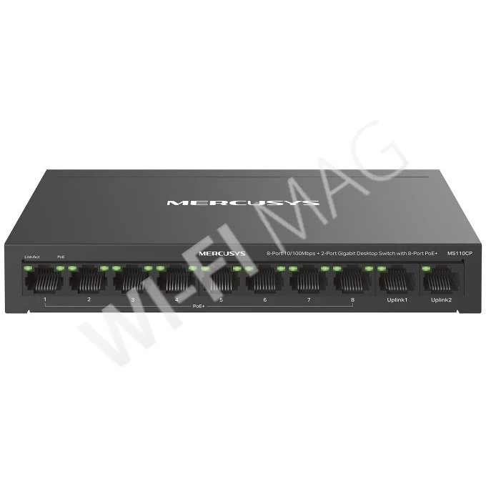 Mercusys MS110CP, неуправляемый c 2-мя портами RJ45 (1 Гбит/с) и 8-ю PoE+ (10/100 Мбит/с) коммутатор