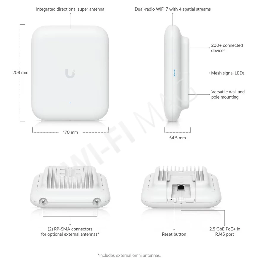 Ubiquiti UniFi 7 Outdoor, всепогодная точка доступа Wi-Fi 7 с 4 пространственными потоками