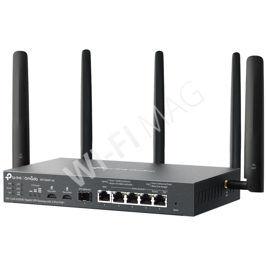 TP-Link ER706WP-4G AX3000, гигабитный VPN-шлюз Omada 4G+Cat6 с 4 портами PoE+