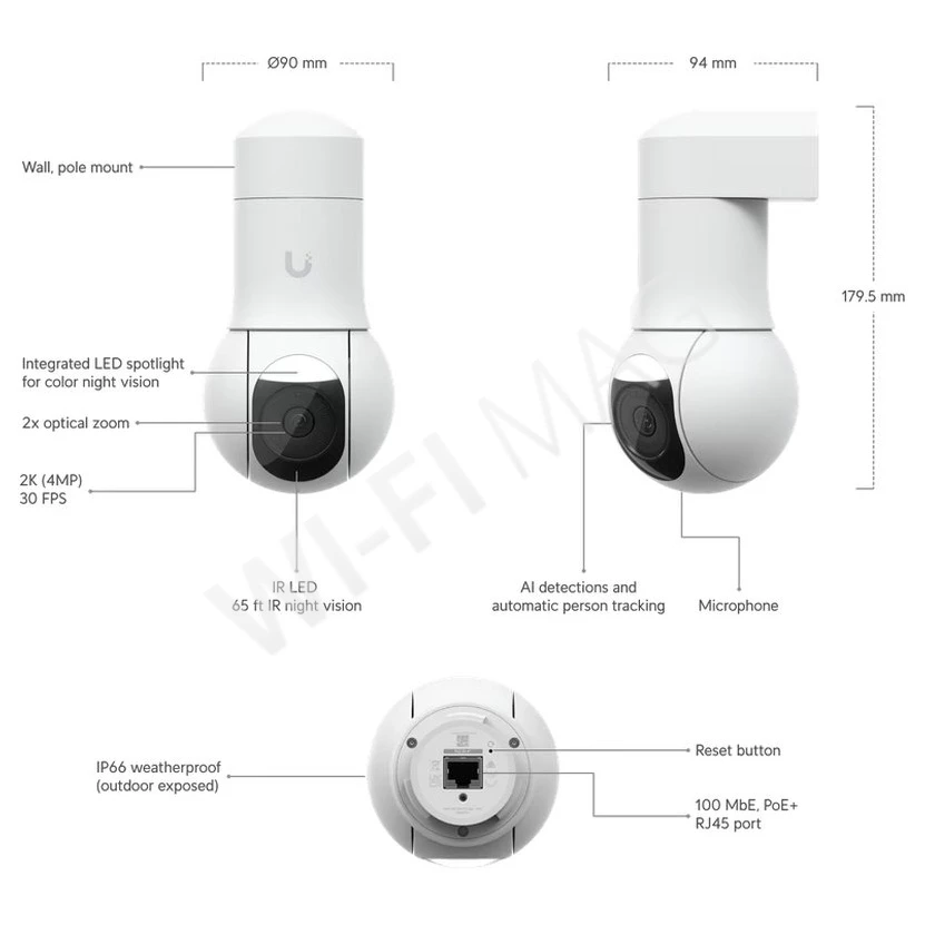 Ubiquiti UniFi G5 PTZ Camera, 5 Мп уличная с цветным ночным видением и микрофоном IP-видеокамера PoE+