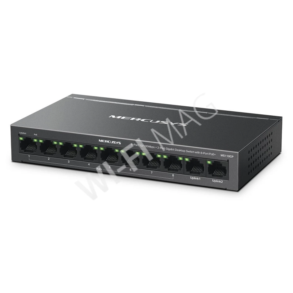 Mercusys MS110CP, неуправляемый c 2-мя портами RJ45 (1 Гбит/с) и 8-ю PoE+ (10/100 Мбит/с) коммутатор