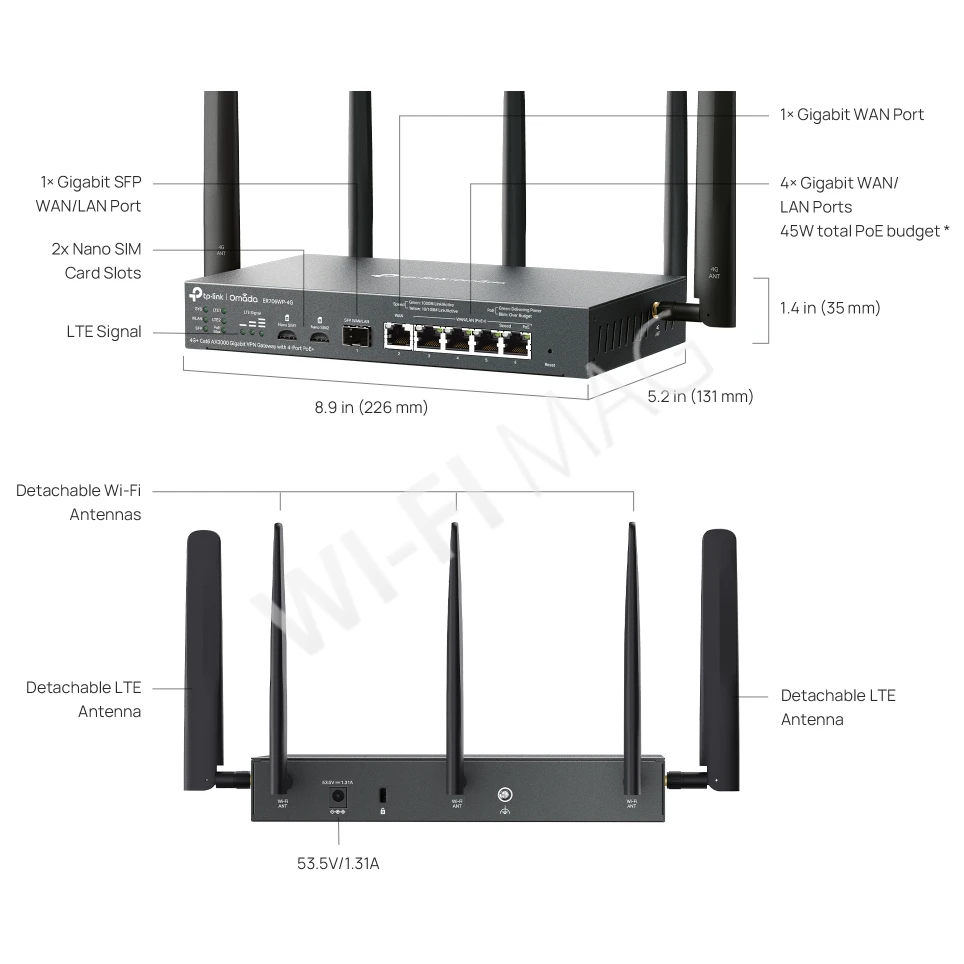 TP-Link ER706WP-4G AX3000, гигабитный VPN-шлюз Omada 4G+Cat6 с 4 портами PoE+