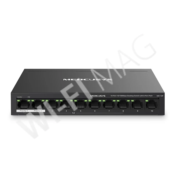 Mercusys MS110P, неуправляемый 10-портовый коммутатор с 8-ю PoE+ (10/100 Мбит/с)
