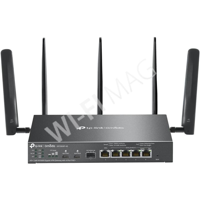 TP-Link ER706WP-4G AX3000, гигабитный VPN-шлюз Omada 4G+Cat6 с 4 портами PoE+