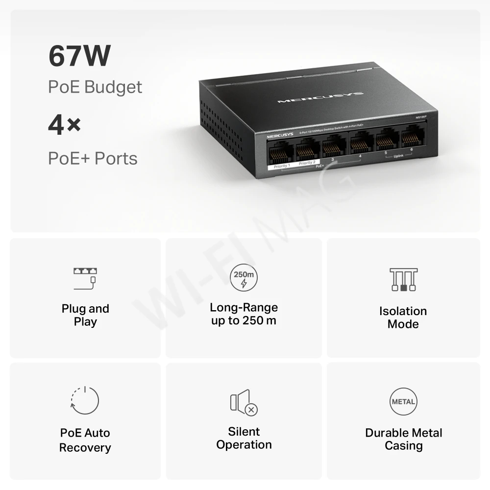 Mercusys MS106P, неуправляемый 6-портовый (10/100 Мбит/с) с 4-мя PoE+ коммутатор