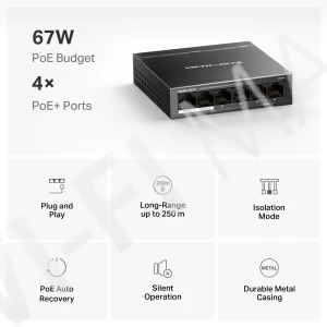 Mercusys MS106P, неуправляемый 6-портовый (10/100 Мбит/с) с 4-мя PoE+ коммутатор