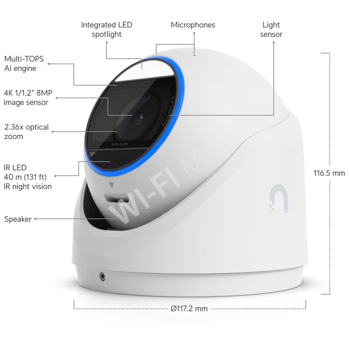 Ubiquiti UniFi Video Camera G6 Pro Turret White, 8 Мп белая уличная PoE+ турельная c 2,36-кратным оптическим зумом IP-видеокамера