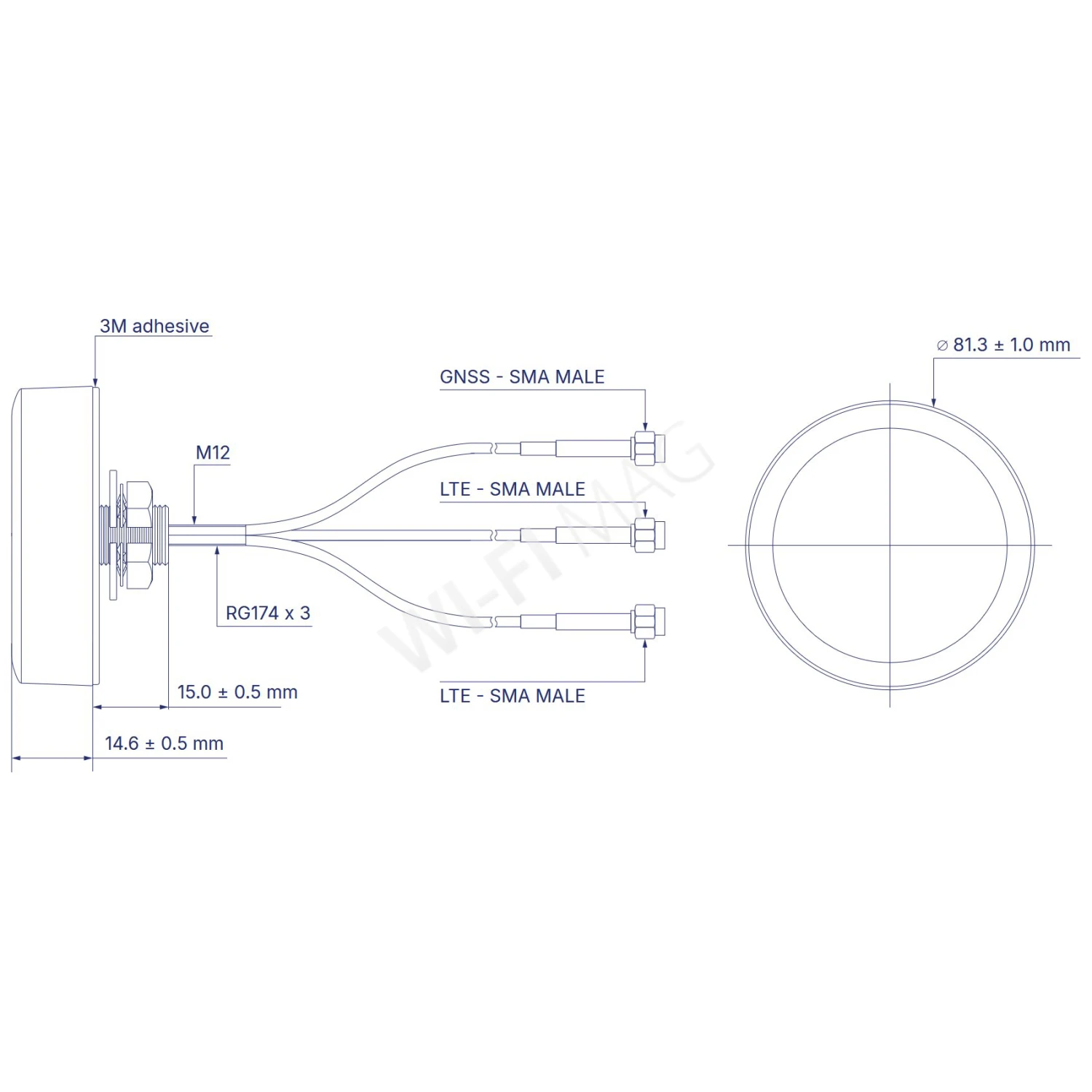 Teltonika PR1UCP25 Combo MIMO Mobile/GPS Roof SMA Antenna, комбинированная мобильная антенна с 3-я кабелями 1,2 м