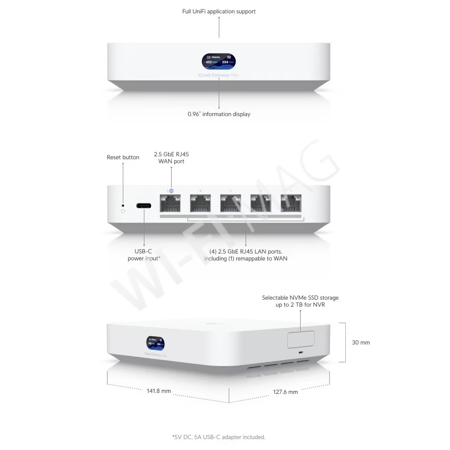 Ubiquiti UniFi Cloud Gateway Max 512 GB, шлюз-концентратор UniFi с 5 Ethernet-портами 2,5 Гбит/с и сменным SSD на 512 ГБ