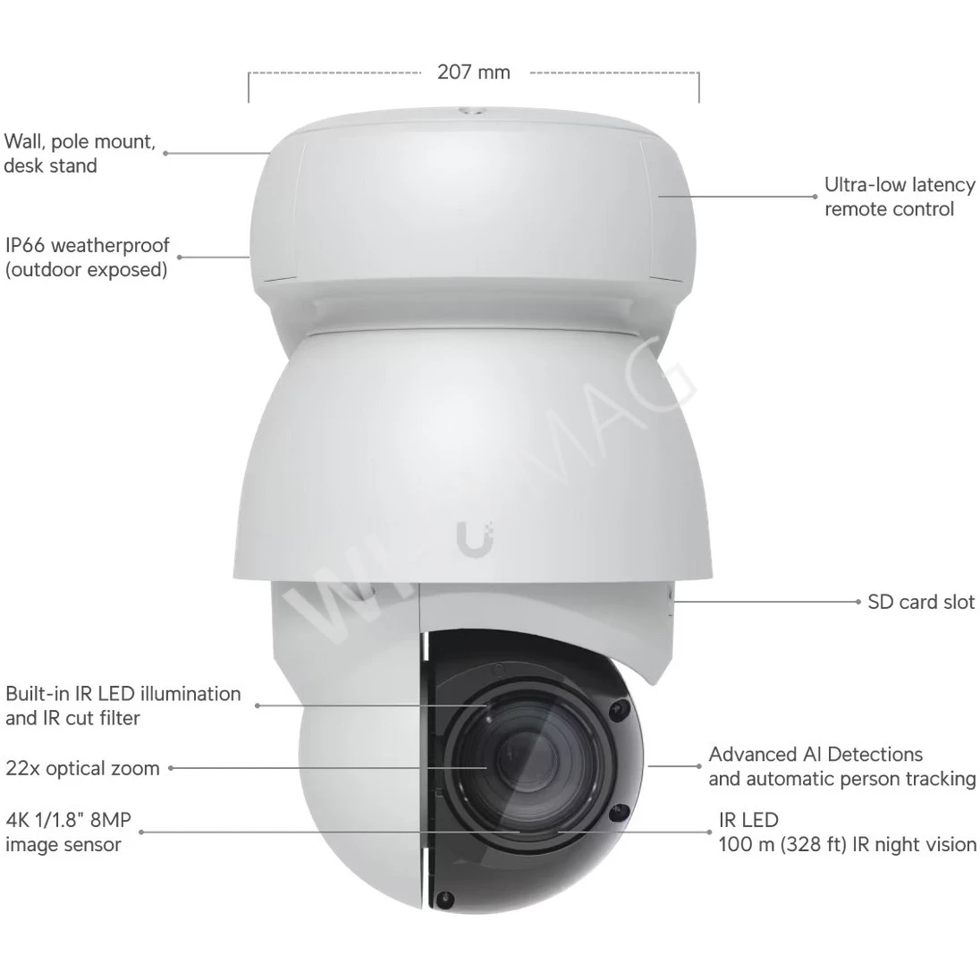 Ubiquiti UniFi AI PTZ Industrial Camera White, 8 Мп уличная PoE++ с 22-кратным зумом и ночным видением белая IP-видеокамера