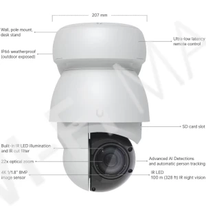 Ubiquiti UniFi AI PTZ Industrial Camera White, 8 Мп уличная PoE++ с 22-кратным зумом и ночным видением белая IP-видеокамера