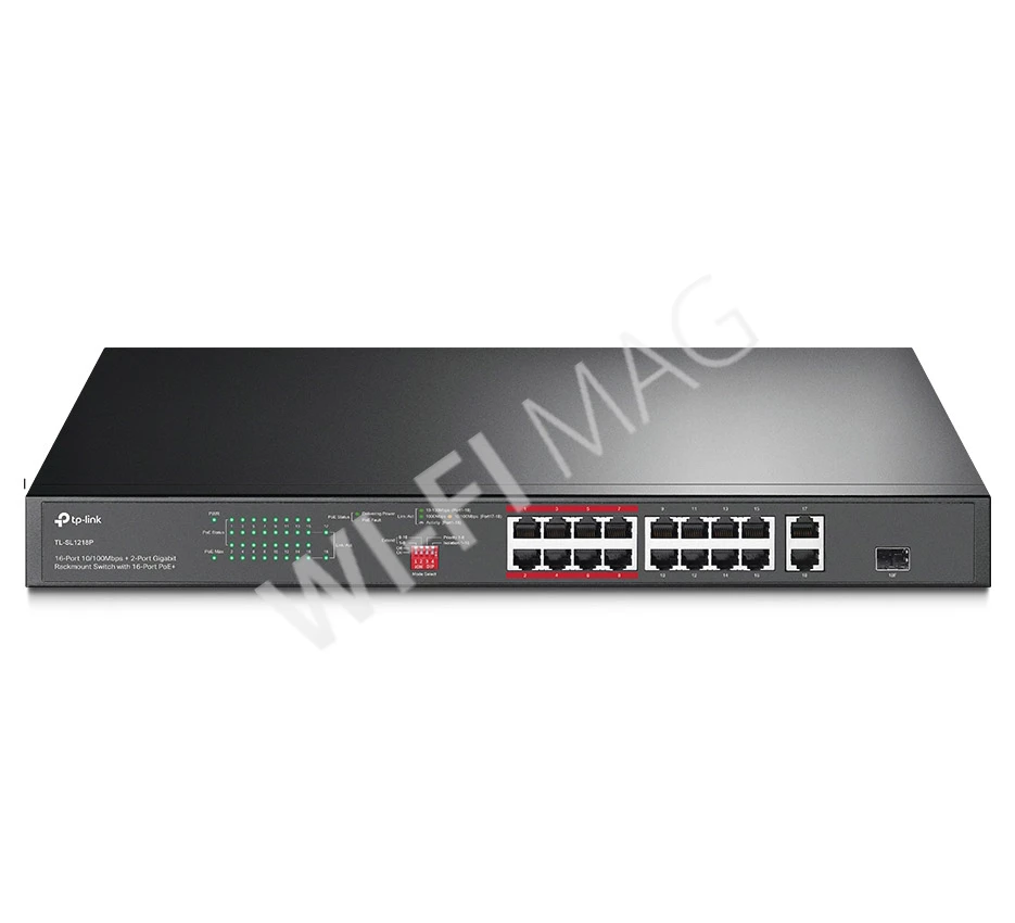 TP-Link TL-SL1218P, 18-портовый с 16 PoE+ портами (10/100 Мбит/с) и 2 гигабитными портами