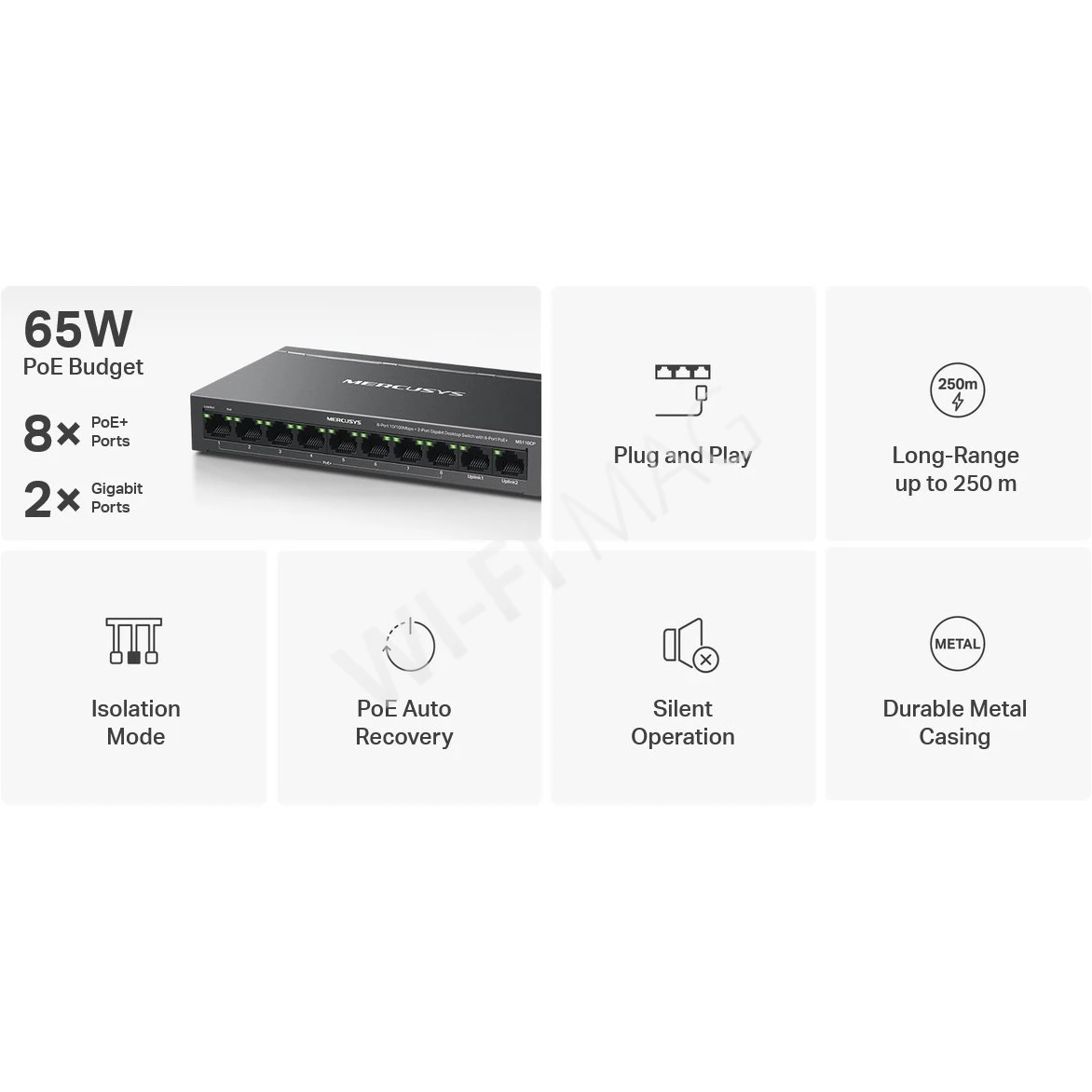 Mercusys MS110CP, неуправляемый c 2-мя портами RJ45 (1 Гбит/с) и 8-ю PoE+ (10/100 Мбит/с) коммутатор