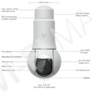 Ubiquiti UniFi G6 PTZ Camera White, 8 Мп уличная PoE+ с 10-кратным зумом и 2-мя объективами белая IP-видеокамера