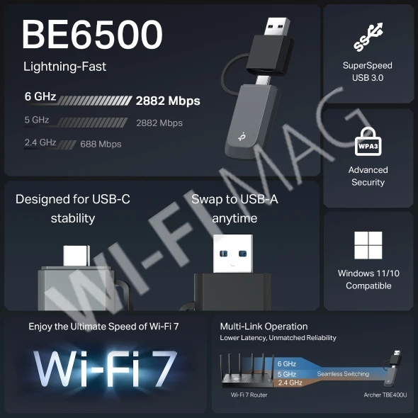 TP-Link Archer TBE400U BE6500, Mini-USB-WLAN трехдиапазонный адаптер Wi-Fi 7