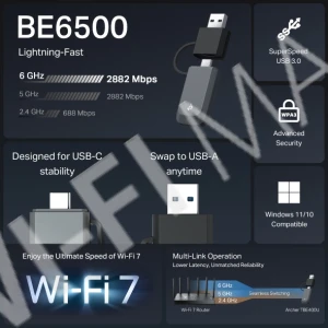 TP-Link Archer TBE400U BE6500, Mini-USB-WLAN трехдиапазонный адаптер Wi-Fi 7