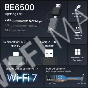 TP-Link Archer TBE400U Plus BE6500, трехдиапазонный USB-адаптер Wi-Fi 7