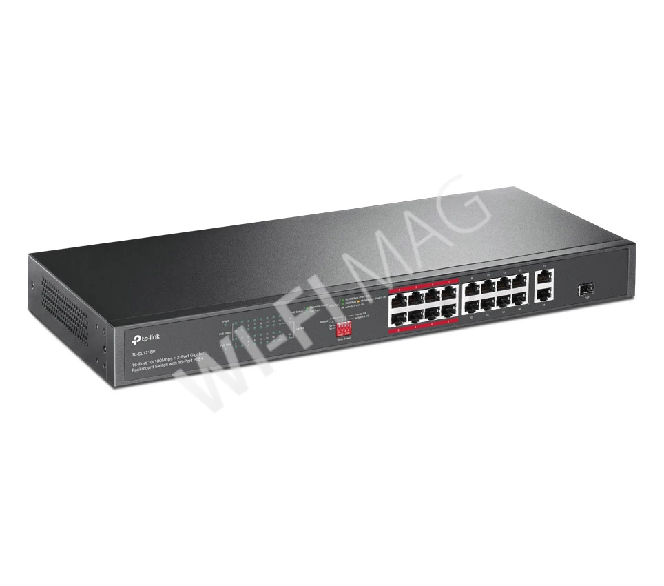 TP-Link TL-SL1218P, 18-портовый с 16 PoE+ портами (10/100 Мбит/с) и 2 гигабитными портами