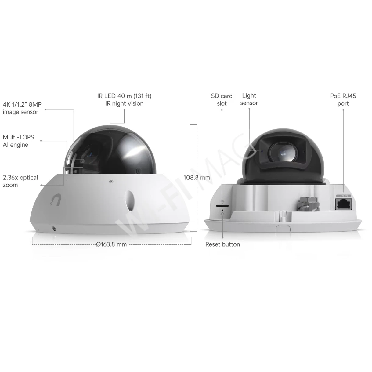 Ubiquiti UniFi G6 Pro Dome Camera White, 8 Мп уличная PoE+ с 2,36-кратным зумом и слотом для MicroSD белая IP-видеокамера
