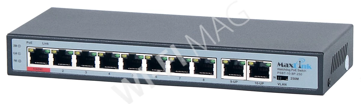 Max Link PoE switch PSBT-10-8P-250, 10x LAN/8x PoE 250m, 802.3af/at/bt, 120W, 10/100Mbps, электронное устройство