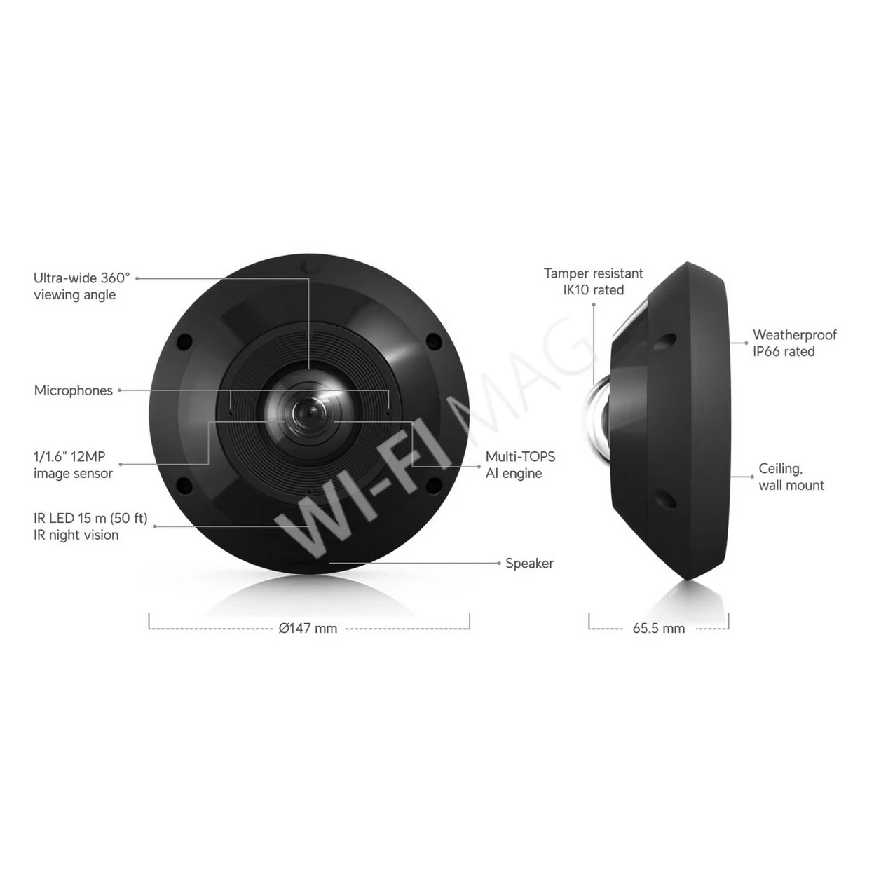 Ubiquiti UniFi G6 Pro 360 Flush Mount Camera Fisheye Black, 12 Мп уличная PoE+ c панорамным охватом 360° черная IP-видеокамера