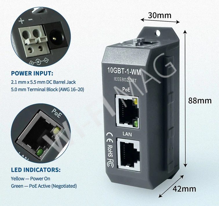 Блок питания 10GBT-1-WM 802.3af/at/bt, 90W, 10 Gigabit PoE Injector инжектор питания