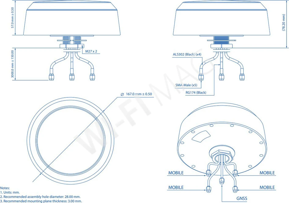 Teltonika PR1KCI49 5G Combo MIMO Mobile/GNSS Roof SMA Antenna, комбинированная мобильная антенна с 5-ю кабелями 3 м