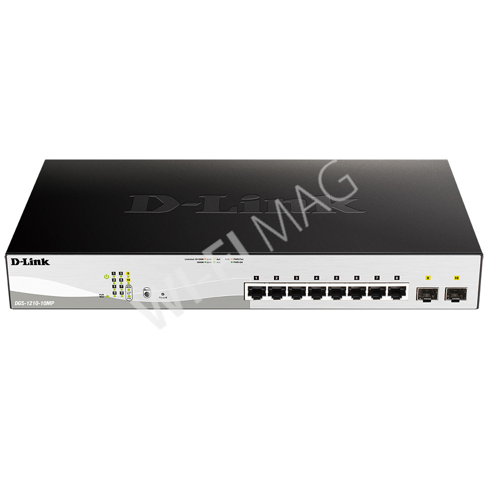 D-Link DGS-1210-10MP/FL, управляемый коммутатор с 8 портами PoE (1 Гбит/с) и 2 портами SFP (1 Гбит/с)