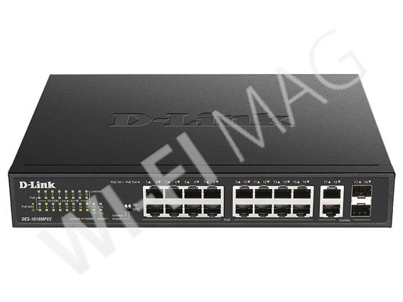 D-Link DES-1018MPV2, неуправляемый коммутатор с 16 портами PoE+ и 2 комбо-портами SFP(1 Гбит/с)