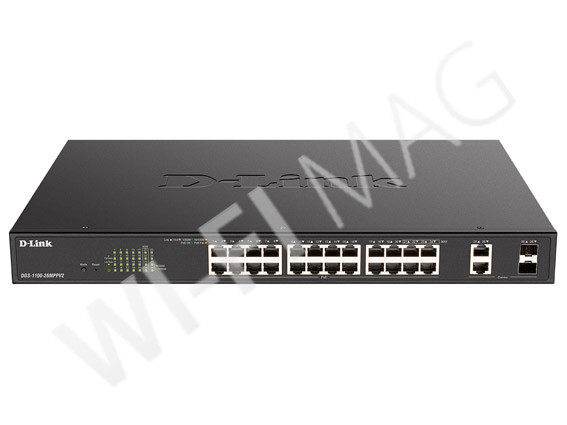 D-Link DGS-1100-26MPPV2, управляемый коммутатор с 24 портами PoE+(1 Гбит/с) и 2 комбо-портами SFP(1 Гбит/с)