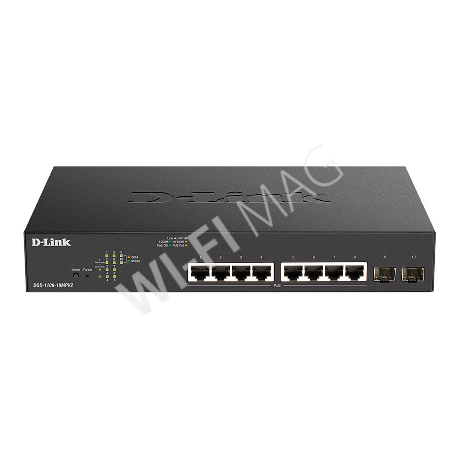D-Link DGS-1100-10MPV2, управляемый коммутатор с 8 портами PoE+(1 Гбит/с) и 2 портами(1 Гбит/с) SFP