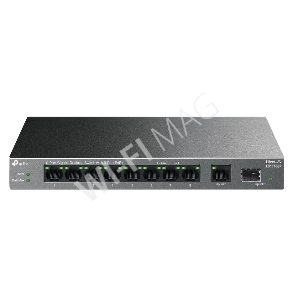 TP-Link LS1210GP, LiteWave с 9 портами 1 Гбит/с (8 PoE+) и SFP портом неуправляемый коммутатор