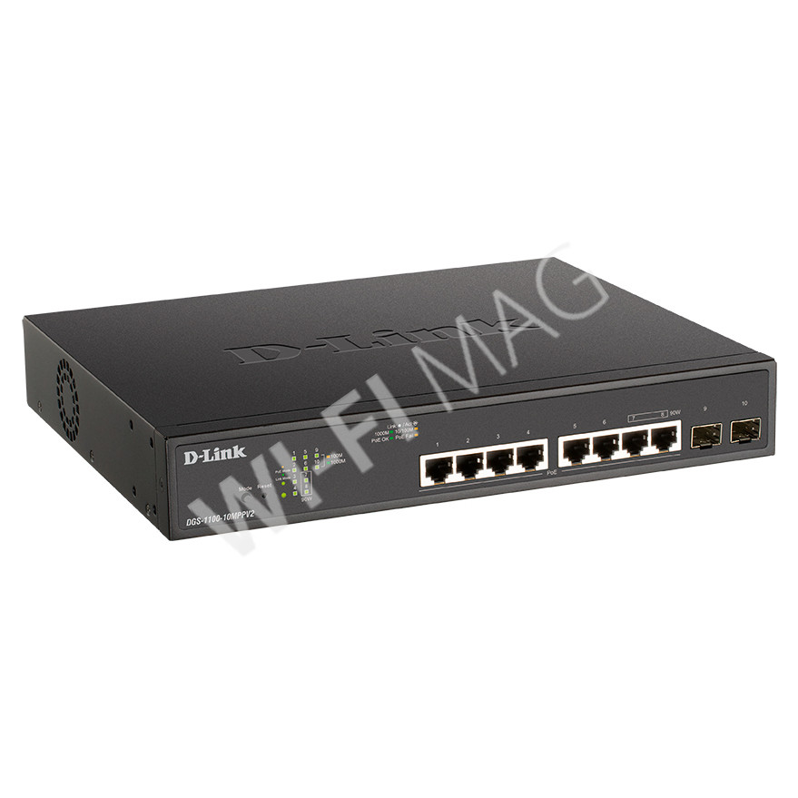 D-Link DGS-1100-10MPPV2, управляемый коммутатор с 8 портами PoE(1 Гбит/с) и 2 портами SFP(1 Гбит/с)