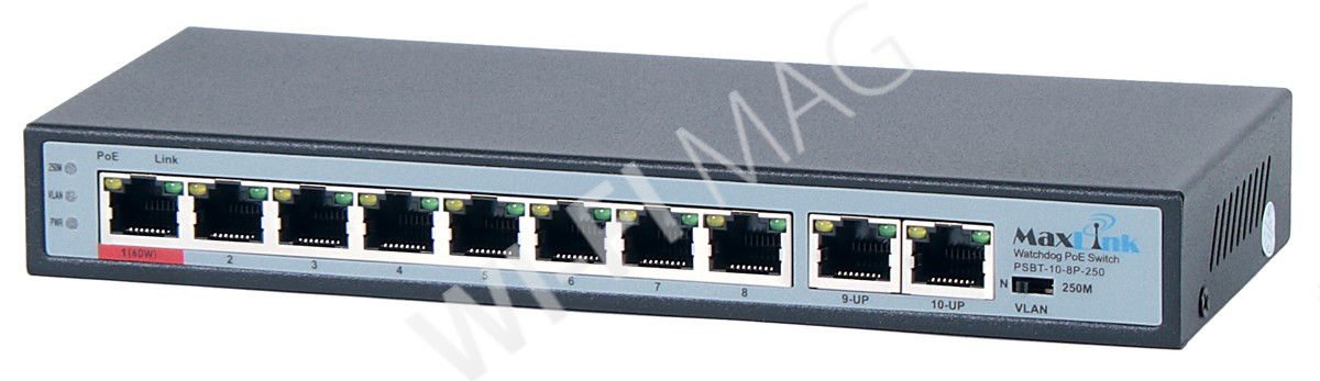 Max Link PoE switch PSBT-10-8P-250, 10x LAN/8x PoE 250m, 802.3af/at/bt, 120W, 10/100Mbps, электронное устройство